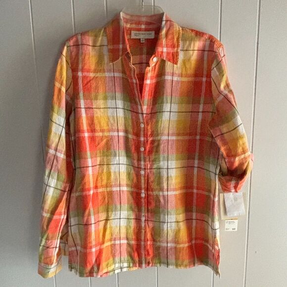 Jones New York Sport 100% Linen Fall Roll Sleeve Button Down Plaid Shirt S #C - Picture 1 of 8